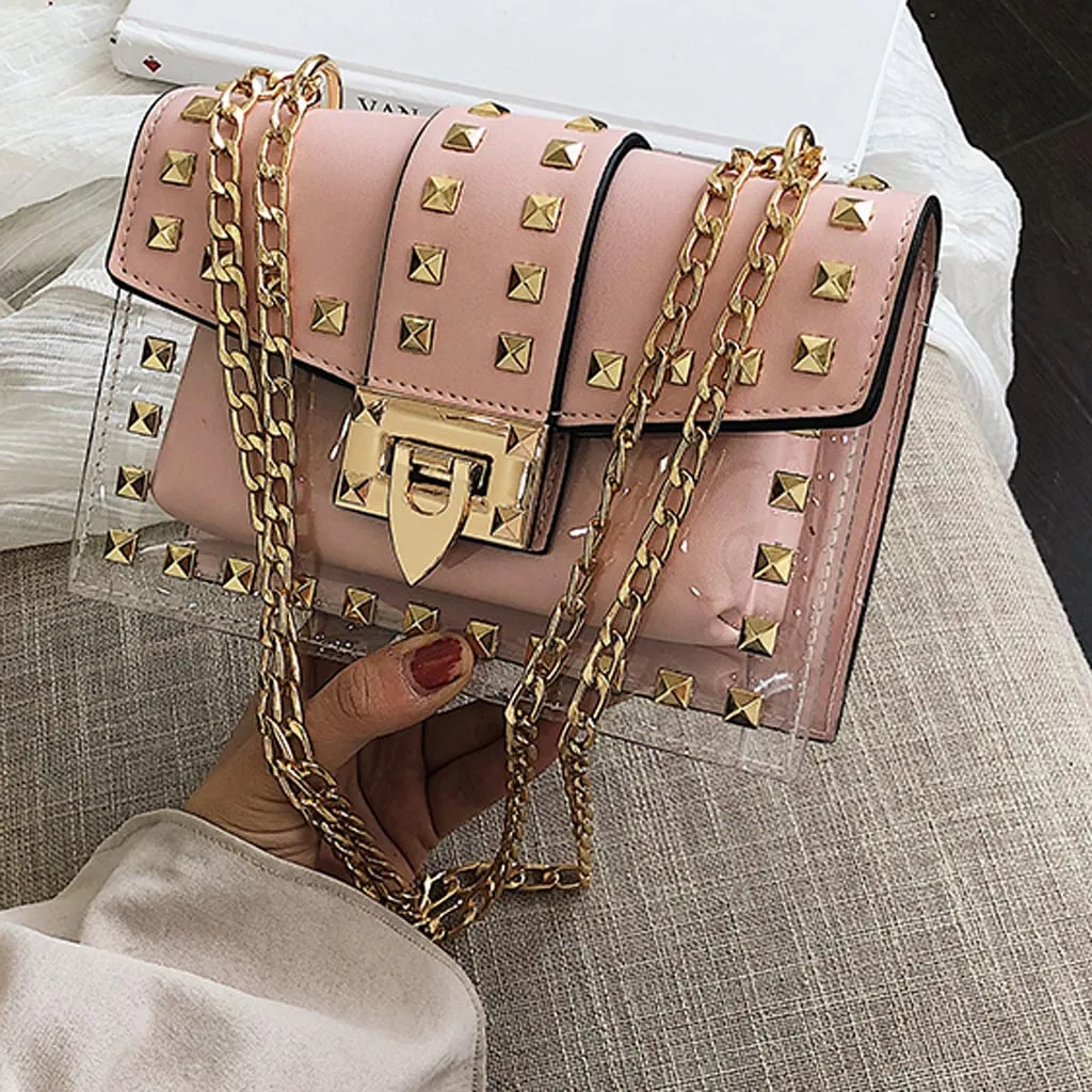

Small clear Brand Designer Woman 2019 New Fashion Messenger Bag Chains Shoulder Bag Female Rivets Transparent Square PU Handbag