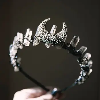 

Womens Ethnic Jewelry Crown Headband Faux Raw Crystal Alloy Moon Hair Hoop Tiara