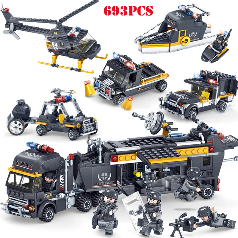 

693Pcs 5 In 1 Military Swat Figures Team Police Truck Car Helicopter Boat Building Blocks Compatible City Bricks Toys For Child