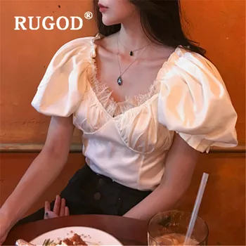 

RUGOD 2020 New Arrivals Women Blouse Shirt Square Collar Puff Sleeved Back Zipper Shirts Elegant Women Slim Tunic
