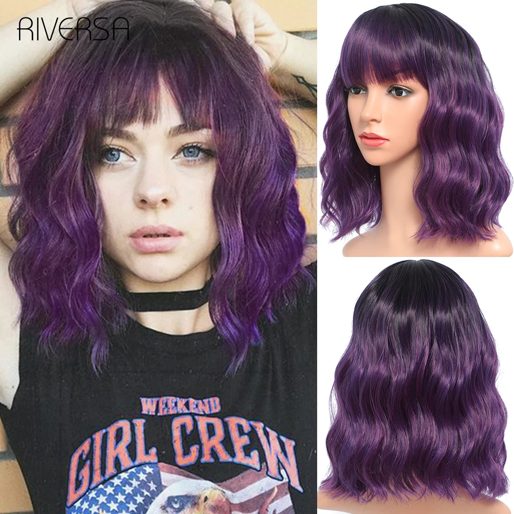 Synthetic Wigs Short Wavy Wig With Bangs 14inches Natural Hair Blond Purple Pink Colored Lolita Wigs Perruque For Women Riversa Kotora Shop