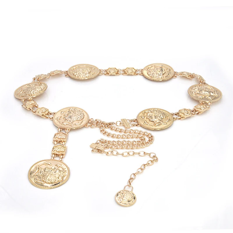 Дизайнер Высокое качество Золотая цепочка, платье с поясом, ремни для мужчин и женщин талии металлический кеттинг Рим модные большие Монета Пояс Cinturon mujer luxe