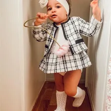 CANIS/Повседневная модная одежда для маленьких девочек одежда с длинными рукавами клетчатые пальто с круглым вырезом и длинными рукавами топ+ платье-пачка комплект из 2 предметов