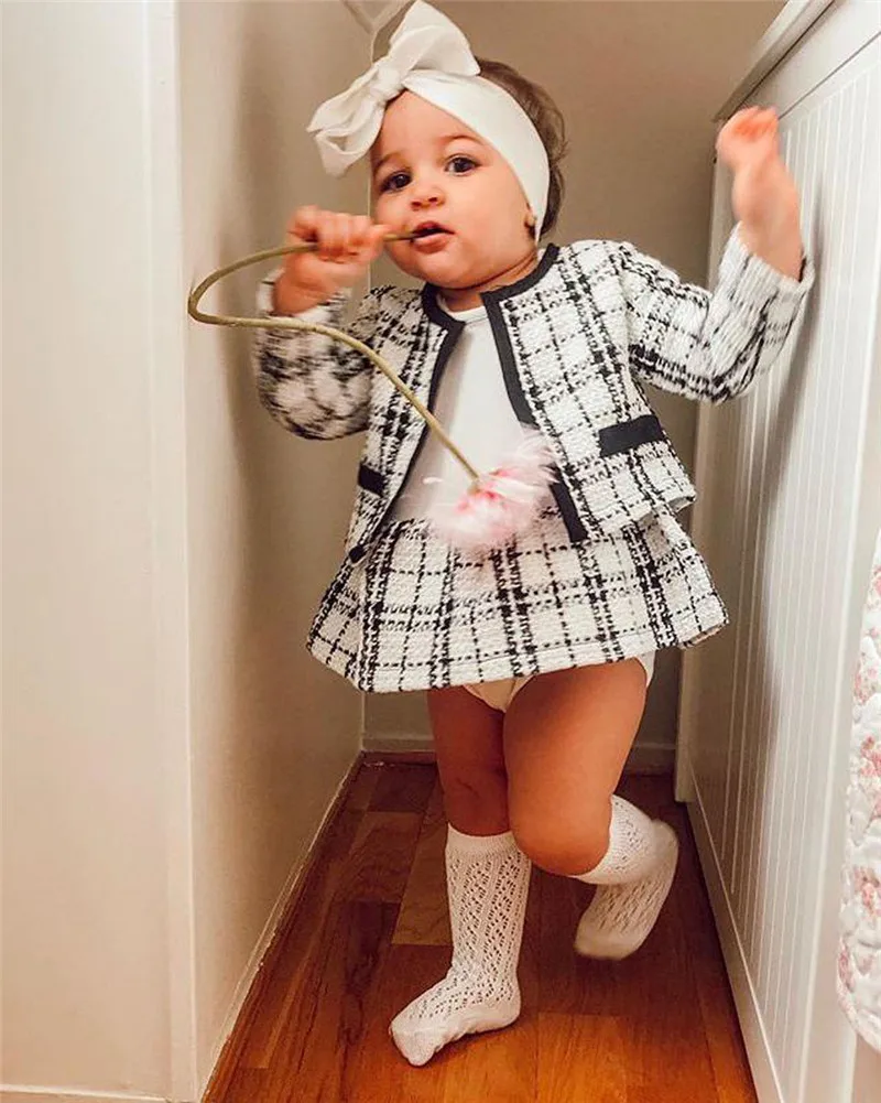 

CANIS casual fashion Infant Kids Baby Girls Outfits Long Sleeve Clothes long sleeve o-neck plaid Coats Tops+Tutu Dress 2PCS set