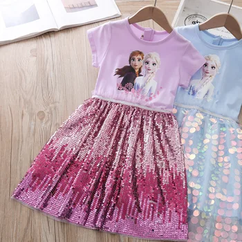 

Thunderers Cute Kids Summer Dress For Girls Cartoon Anna Elsa 2 Colors Sequined Dress Snow Queen Children Clothes Girls Clothing