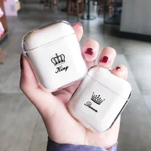 Мягкая одежда с принтом милой Air стручки чехол для Apple airpods Чехол класса люкс King queen Корона Bluetooth наушники чехол для Airpods 2 прозрачный чехол из ТПУ