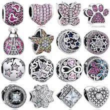 Belawang сердце стерлингового серебра 925 Кристалл Талисманы след бабочка Бусины подходят Pandora браслет DIY ювелирных