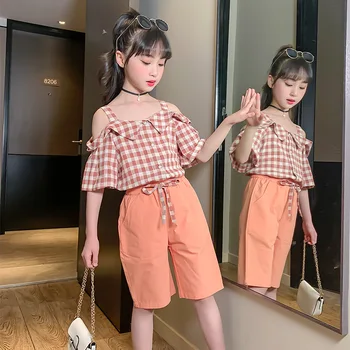 

Kids Girl Summer Clothes Elegant Sets Girl 2Pcs Fashion Off Shoulder Tops + Pants Children Plaid Clothing Outfits 6 8 9 12 Years