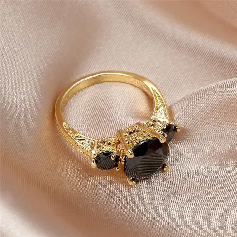 Vintage Female Black Crystal Stone Jewelry Yellow Gold Color Wedding