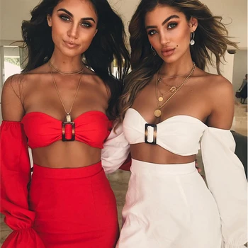 

Sexy Solid Button Two Peice Set Women Long Sleeve Strapless Summer Short Crop Tops Skirt Fashion Outfits Female New Clothing