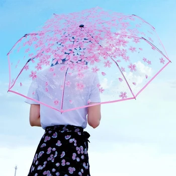 

Women's Transparent Folding Umbrella Luxury Clear Female Girls Outdoor Foldable Rain Unbrella With Japanese Cherry Blossom Print