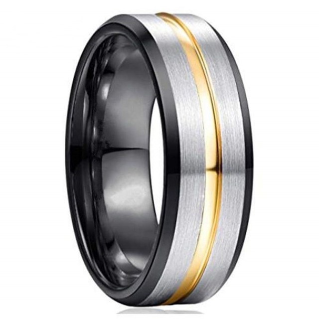 Men's Fashion Black Tungsten Carbide Ring Gold Plated Grooved Line AAA Cubic Zirconia Wedding Band 8mm Men's Jewelry