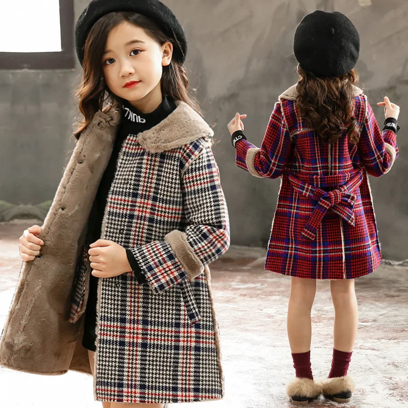 

Girls Plaid Overcoat 2019 Autumn New Style Korean-style GIRL'S Brushed And Thick Coat Mid-length Western Style Overcoat Fashion