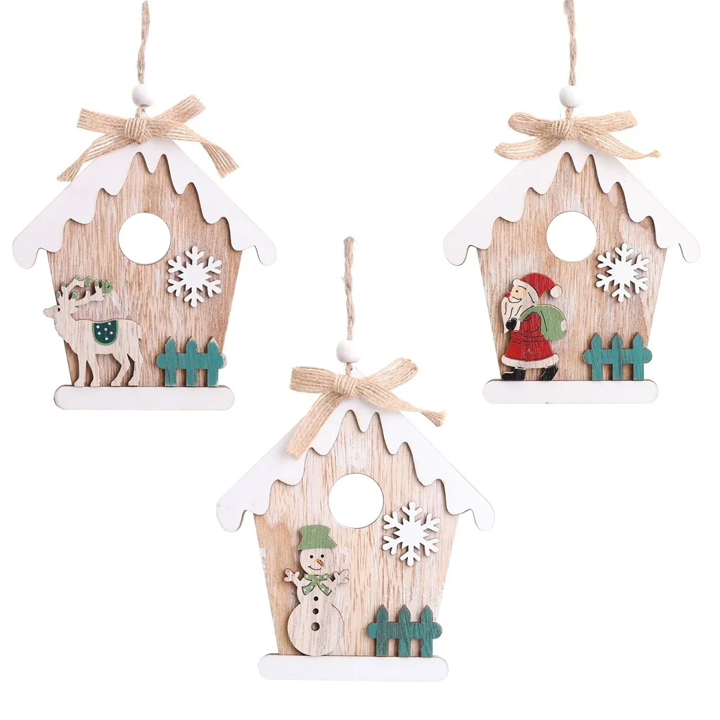 Christmas Decor Wooden Snow House Santa Clause Snowman Bow Christmas Tree Hang Pendant Xmas Party Christmas Home Decor