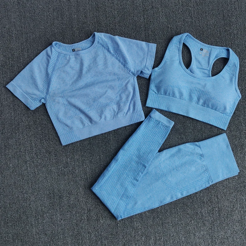 3PCS Seamless Women's Sportswear Yoga Set Workout Gym Clothing Fitness Short Sleeve Crop Top High Waist Leggings Sports Suits