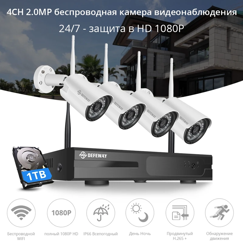 DEFEWAY 4CH H.265+ Беспроводной CCTV Системы 1080P HD DVR NVR kit с 1 ТБ Открытый ИК ночного видения IP Камера Wi-Fi Камера безопасности Системы 4 предмета в комплекте