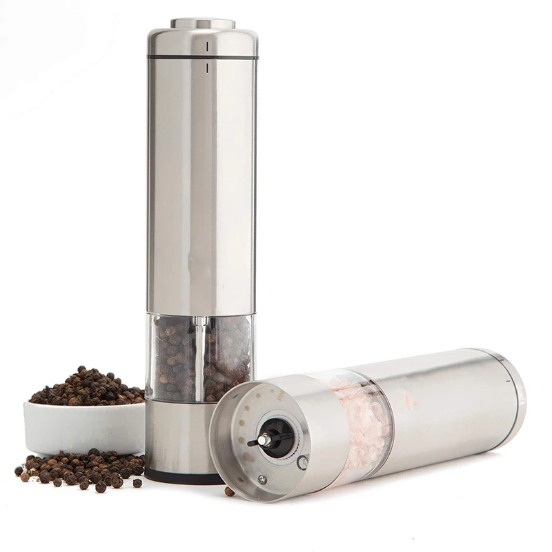 Electric Salt and Pepper Grinder Set- Battery Operated, Stainless Steel, Refillable and Adjustable Ceramic Coarseness Core Sh