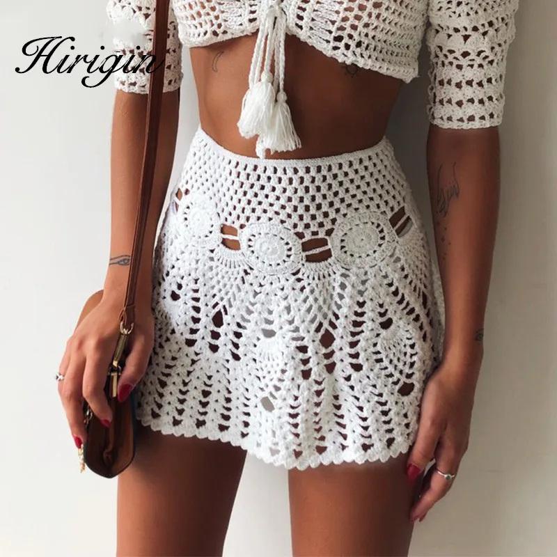 

Elegant Candy Color Handmade Cotton Knitted Crochet Mini Skirts Women Summer Hollow Out High Waist Beach Skirt White Bottom 2019