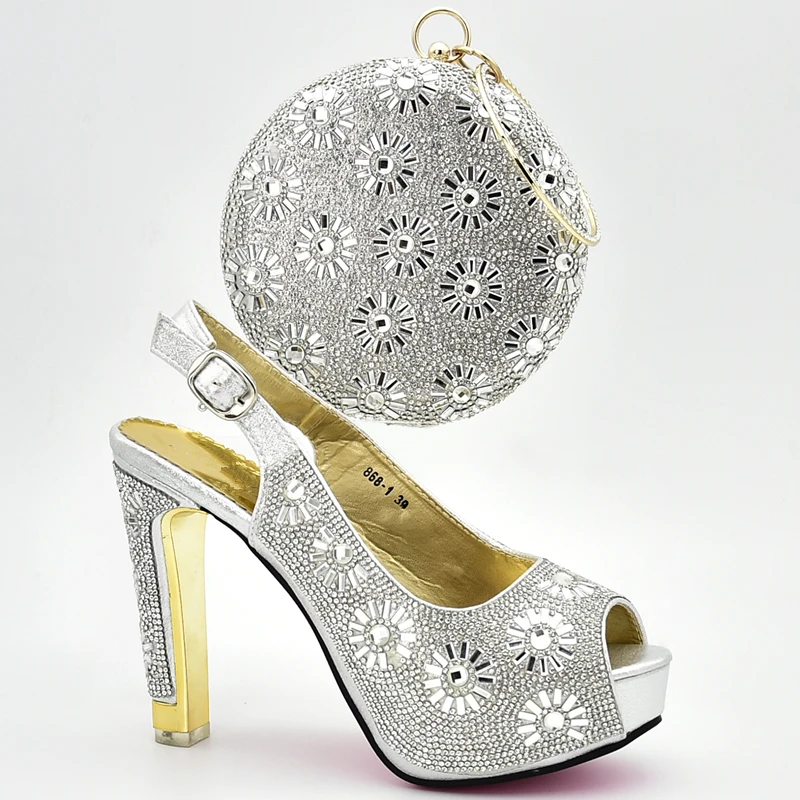 Zapatos de diseño de lujo para mujer 2018, zapatos de boda nigerianos para mujer, decorados con zapatos de diamantes de imitación y bolso juego para fiesta de Nigeria|Zapatos de tacón de