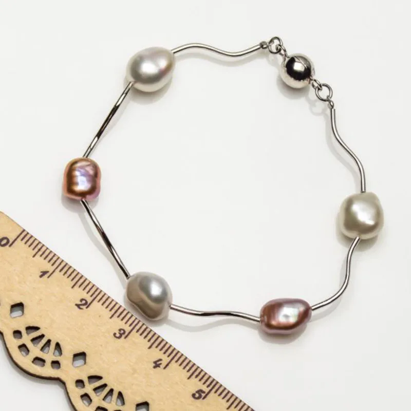 Baroque White Purple Natural Freshwater Keshi Pearl Bracelet 925 Sterling Silver