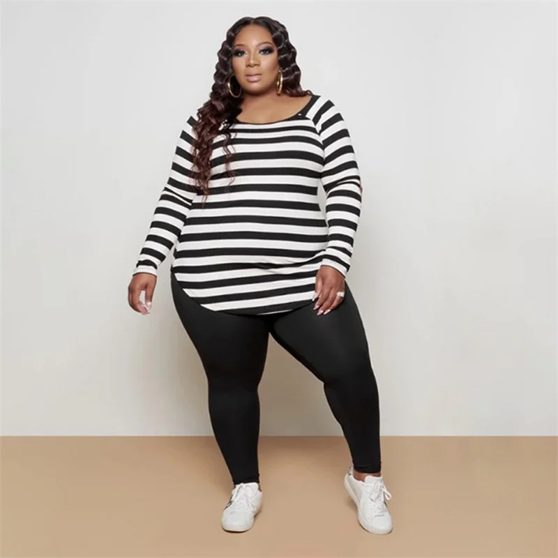 Conjunto de Duas Conjuntos de Correspondência Peças Feminino Tamanho Grande Agasalho Outono Lazer Roupas Manga Completa Listrado Pulôver Topo Sólida Calças Compridas 8 Conjunto de duas peças feminino plus size