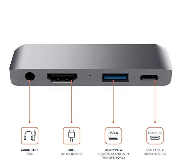 Satechi Алюминиевый адаптер type-C Mobile Pro Hub с USB-C зарядка PD 4K HDMI для iPad Pro samsung - Цвет: Серый