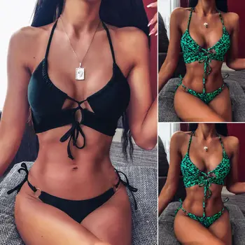 

HOT 2pcs Women Summer Leopard Print Swimwear Bikini Set Bra Tie Side G-String Thong Beach Triangle Suit Swimsuit Bathing Suit