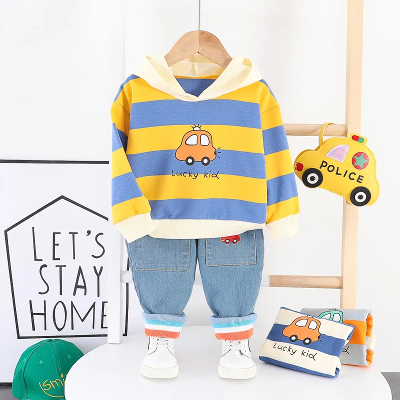 Baby-Jungen-Stoff, gestreift, lässig, mit Kapuze, 2 Stück/Sets