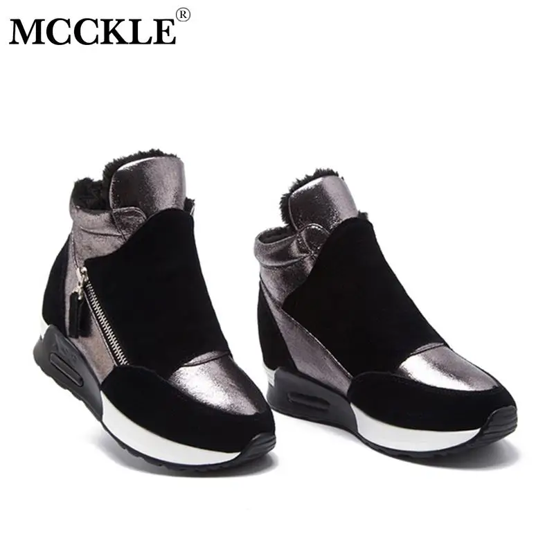MCCKLE Suede Leather Boots Woman Winter Shoes Fashion Ins Women Sneakers Height Increasing Shoes Warm Plush Snow Boots Female