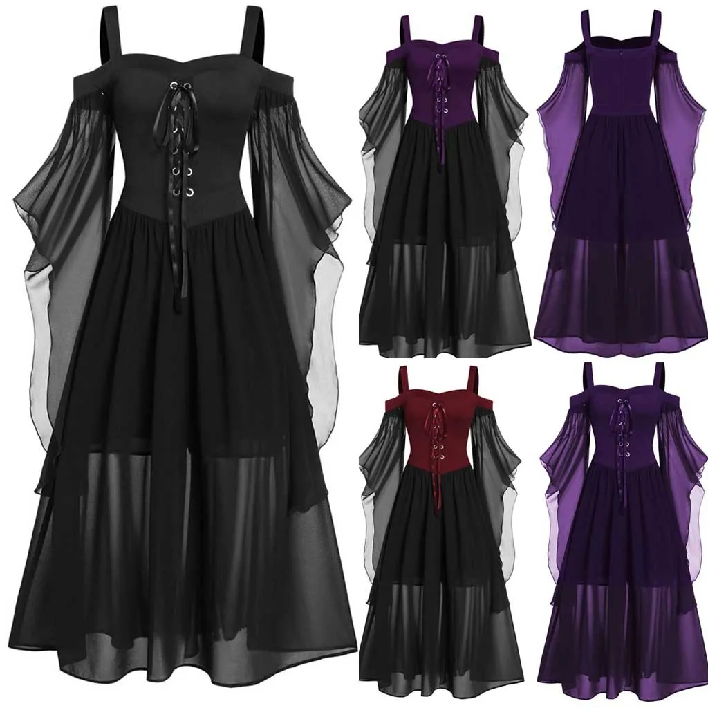 Feitong женское платье Vestidos осень плюс размер готическое платье с открытыми плечами и рукавом-бабочкой на шнуровке на Хэллоуин ropa mujer