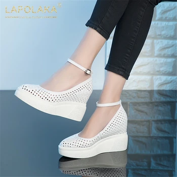 

Lapolaka 2020 Lesiure Platform Genuine Leather Skin Ladies Shoes Woman Pumps High Heels Summer Wedges ankle-strap Sandals Woman