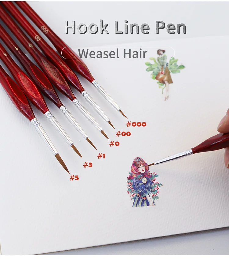 6Pcs Professional Weasel Hair Hook Line Pen Art Nail Painting Brushes For Gouache Acrylic Watercolor Oil Paints Artists Brushes