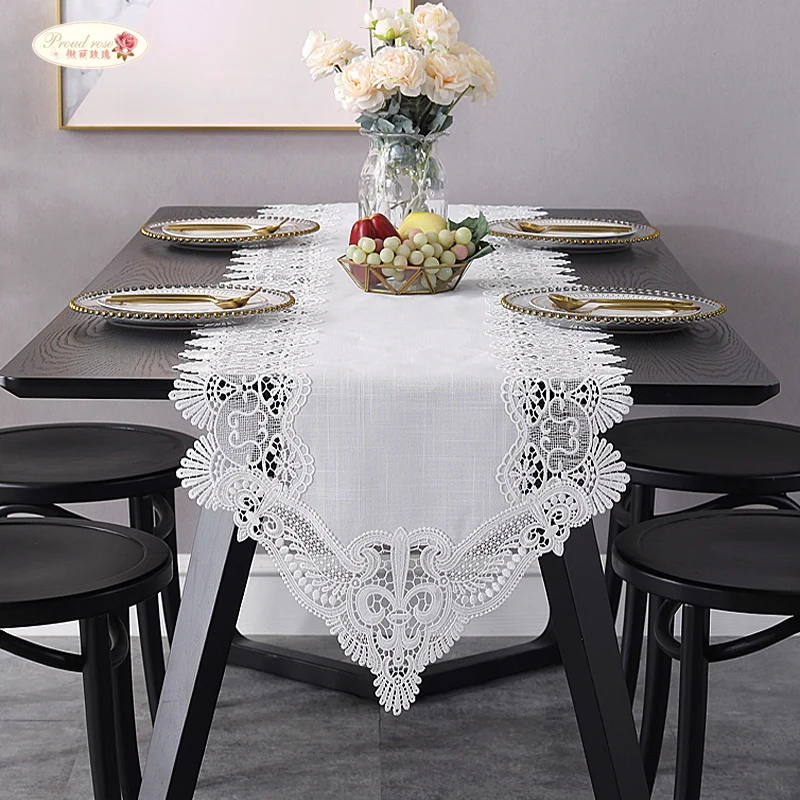 

Proud Rose Simple Pure White Table Runner Thick Lace Table Cloth American Coffee Table TV Cabinet Cover Towel Table Flag