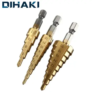 

3Pcs Taper Step Drill Bit Set HSS Titanium-plated Hole Cutter Metric 3-12 4-12 4-20 mm Pagoda Drill Wood Core Drill Bits