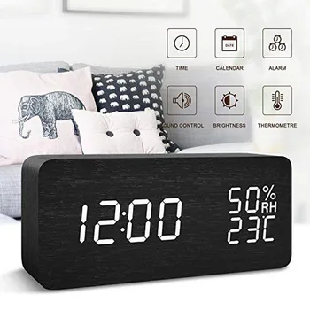 

Wooden LED Alarm Clocks Temperature Electronic Clock Sounds Control Digital LED Display Desktop Calendar Table clock