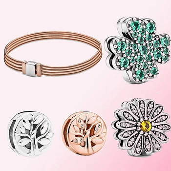 

100% 925 Silver Rose Reflexions Multi Snake Chain Bracelet Tree of Life Pave Four Leaf Clover Sparkling Daisy Family Clip Charm