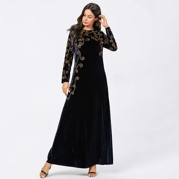 

Velvet Long Dress Navy Blue Elegant Ethnic Embroidery Plus Size Women Dresses Long Sleeve Muslim Autumn Winter 2019 Casual Wears