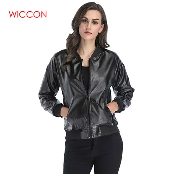

Women's Pu Leather Jacket Spring 2019 Jacket Loose Stand Collar Zipper Casual Faux Leather Outerwear Tops Female Jackets