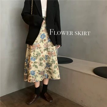 

2020 Vintage Floral Print Ruffle Pleated Long Skirts Winter Women Korean Skirt Streetwear Drawstring Elastic Waist Midi Skirt