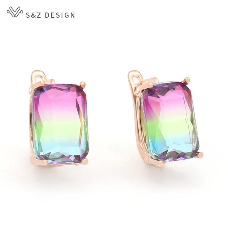 S&Z DESIGN New Fashion Square Imitation Tourmaline Dangle Earrings For Women Fine 585 Rose Gold Color Wedding Jewelry