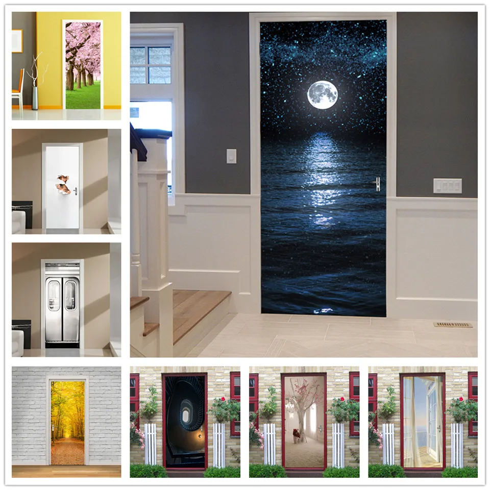 Moonlight at Sea Door Decoration DIY ПВХ самоклеющиеся водонепроницаемые обои настенные