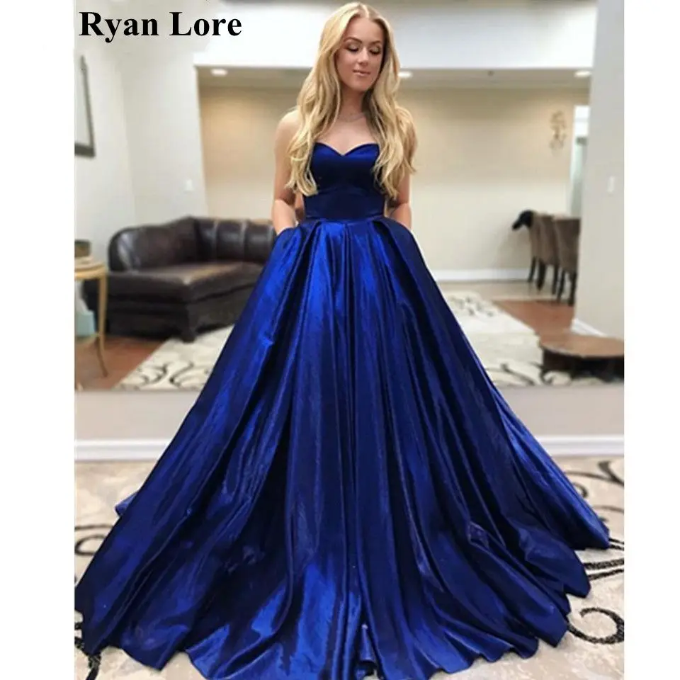 

2020 Dark Blue Evening Dresses Women Sweetheart Neck Robe De Soiree With Pockets Long Formal Party Prom Gown Sleeveless Vestidos