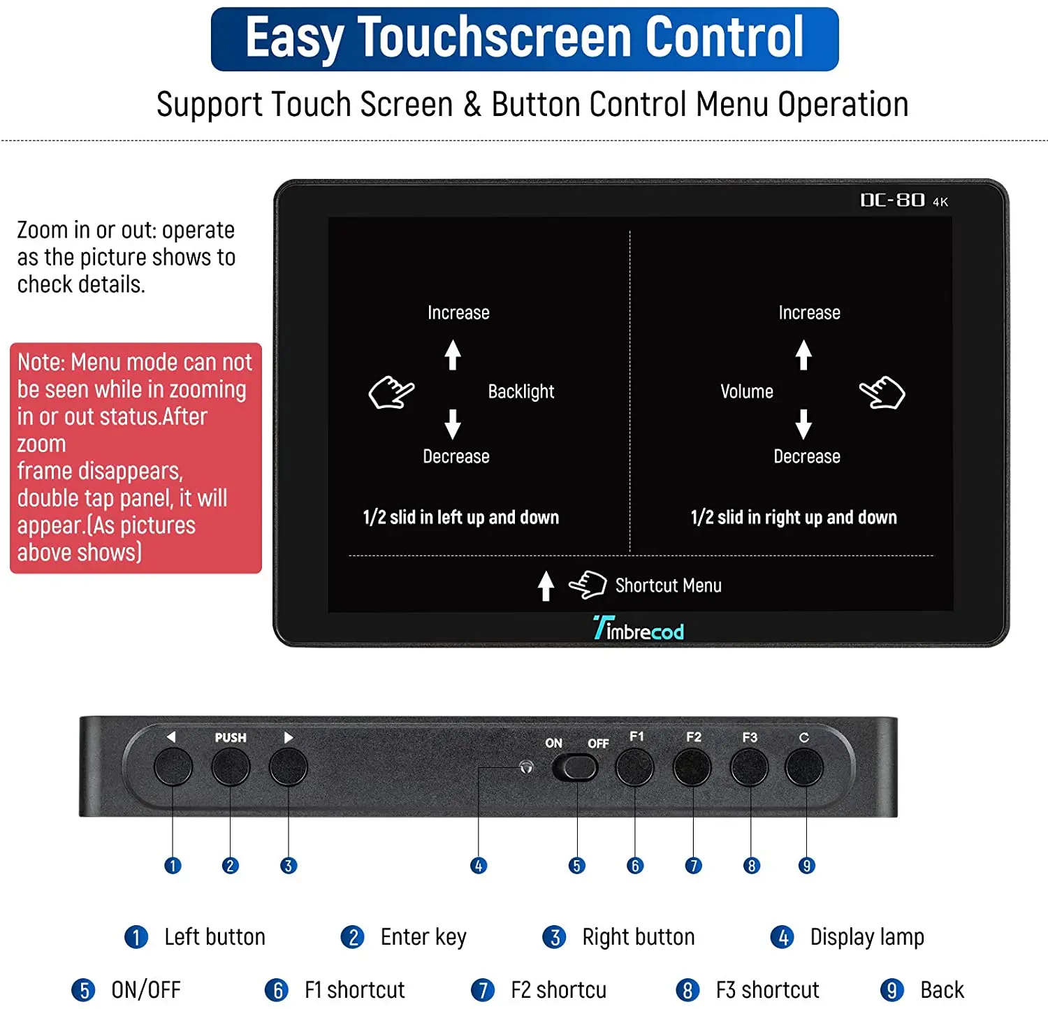 Timbrecod DC-80 7“ Touch Screen Camera Video Monitor 1920x1200 IPS 4K Pass-Through 4K HDMI Camera Field Monitor with Tilt Arm