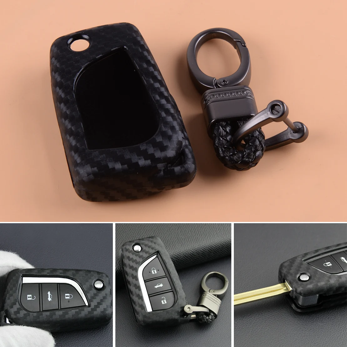 

DWCX Carbon Fiber Black Flip Folding Remote Key Fob Protection Shell Cover Case Chain fit for Toyota Camry C-HR 2018 2019 2020