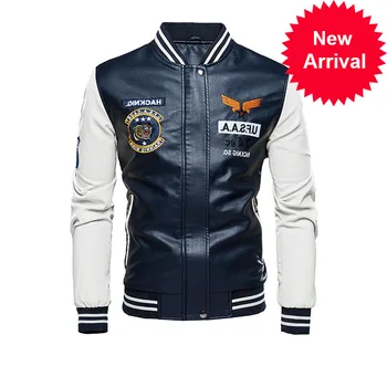 

Jacket 2020 Leather Men Bomber Baseball Jacket Biker Pu Coat Faux Pilot Fleece College Top Leather Black Slim Fit Motorcycle