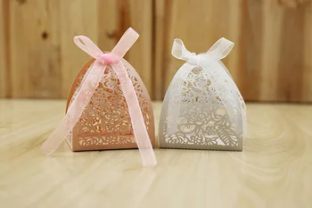 

Rose Flower Shaped Laser Cut Hollow Carriage Gift Bags Candy Boxes With Ribbon Baby Shower Wedding Favors Party Supplies