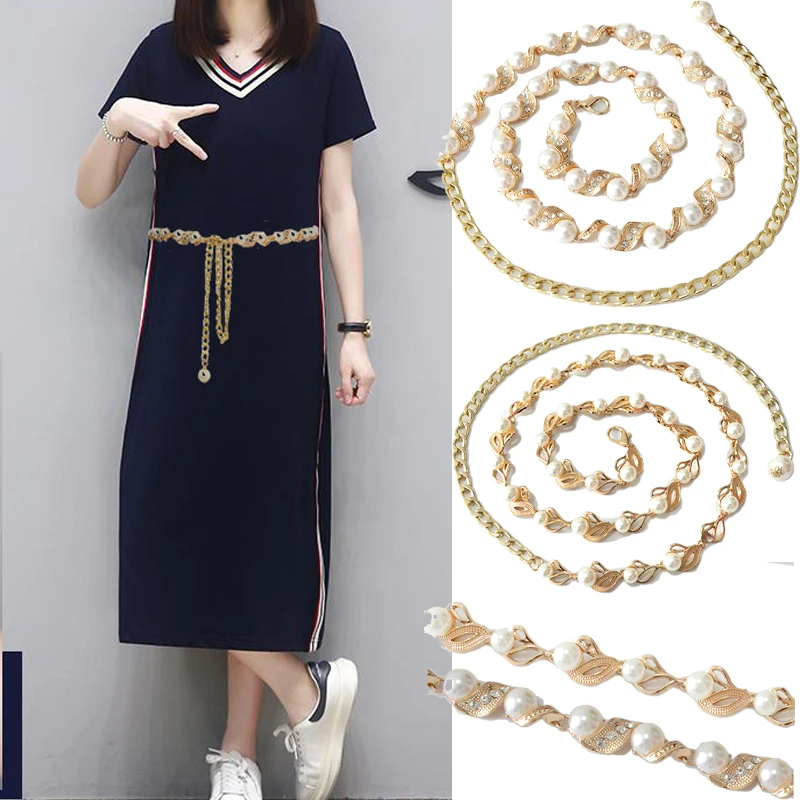 

Desinger 2020 New Eegant Leaf Inlaid Pearl Chain Fashion Metal Waist Chain Elegant Temperament Body Chain Bg-1605
