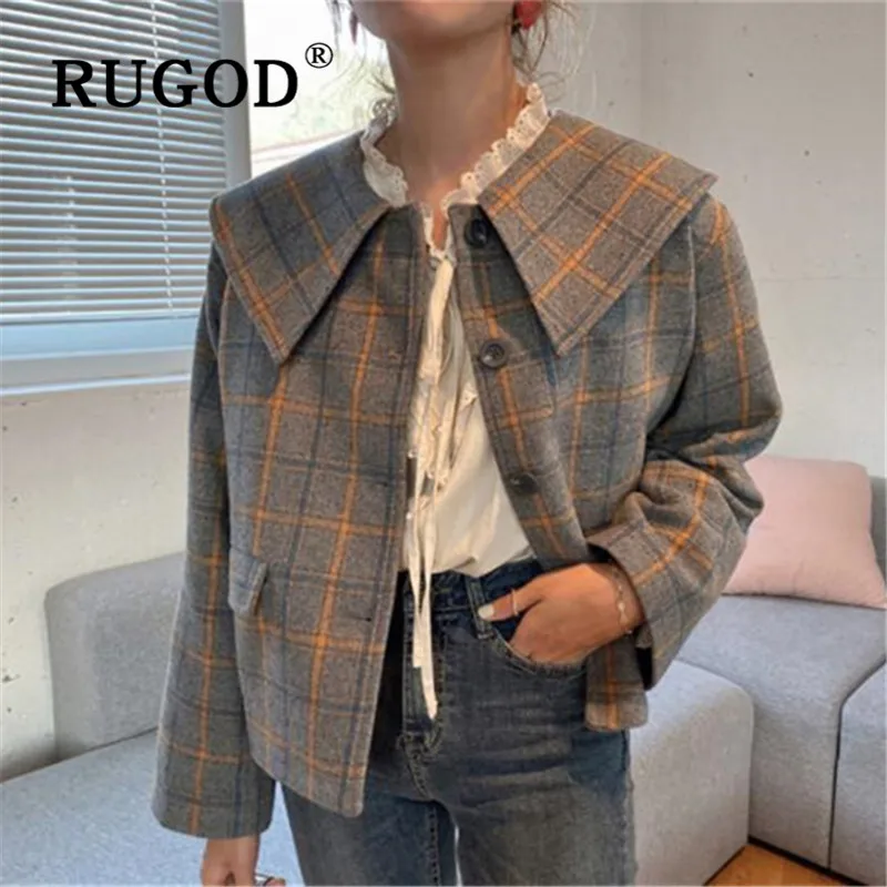 RUGOD корейское винтажное клетчатое пальто для женщин с отложным воротником однобортное короткое стильное модное женское элегантное шикарное пальто