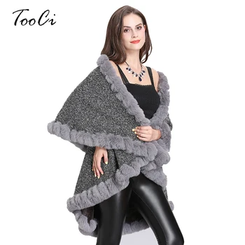 

Spring Elegant Women Capes New Long Imitation Fox Fur Collar Fashion Plus Velvet Double Cardigan Shawl Knit Cloak Coat