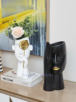 

Creative Resin Vase Human Head Abstract Character Sculpture Golden Flower Vase Living Room Desktop Home Decoration Furnishing